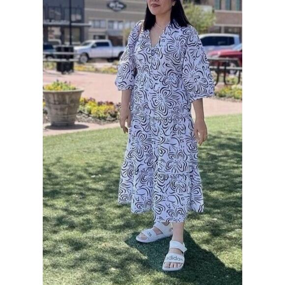 Zara V-neck Long Voluminous Abstract Printed Tiered Dress in White/Black - Picture 2 of 9